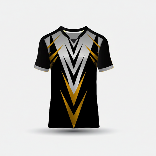 Custom black gold esports jersey front view with premium gaming design