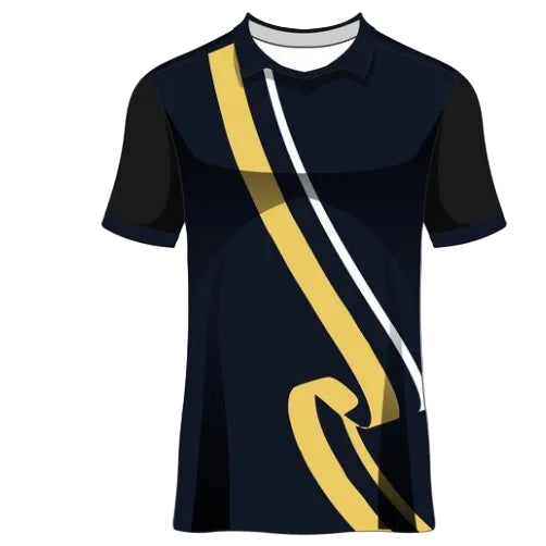 Custom black gold white diagonal stripe esports jersey front view