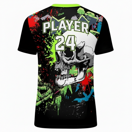Custom black neon skull chaos esports jersey back side with personalized gamer name and number