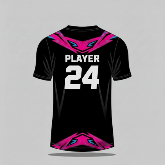 Custom black pink neon esports jersey back side with personalized gamer name and number