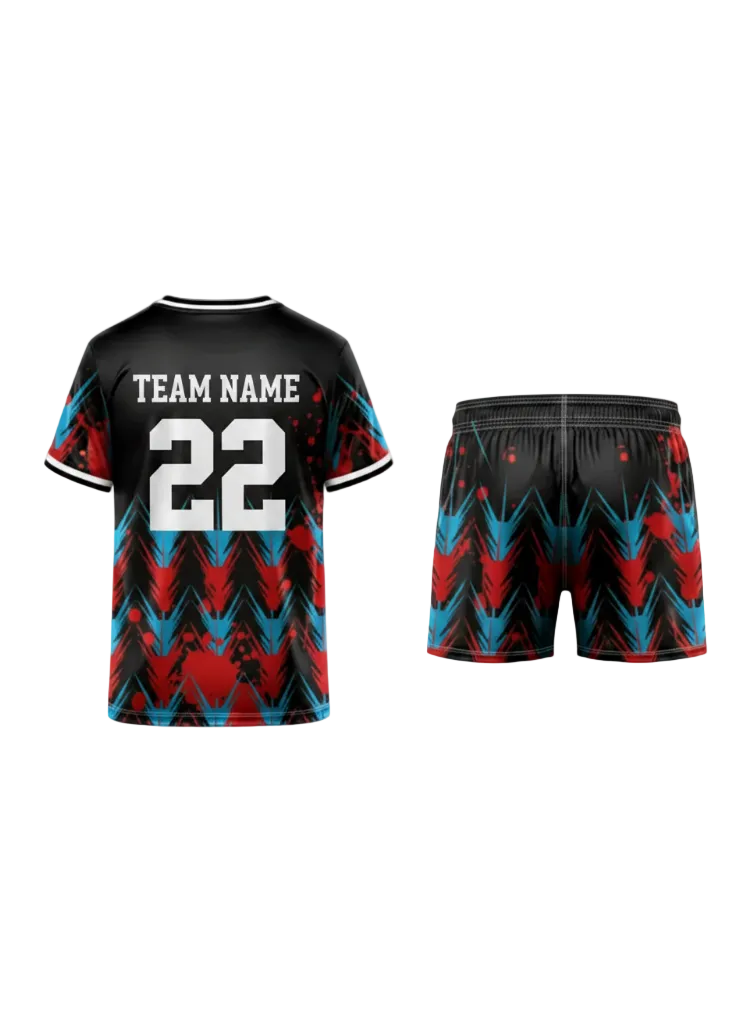 Custom black sports jersey with red and blue geometric zigzag pattern and matching shorts for cricket, football and esports team uniforms by NextPrint India