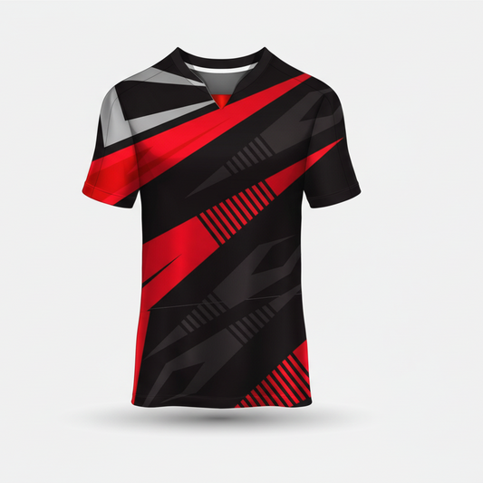 Custom black red esports jersey front view with premium gaming design