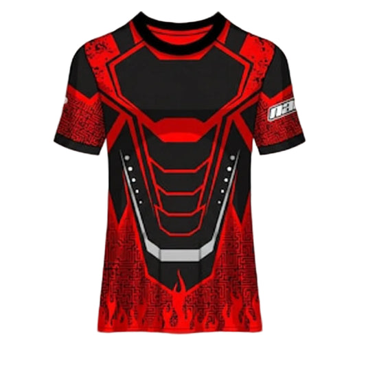 Custom black red futuristic esports jersey front view with premium gaming design