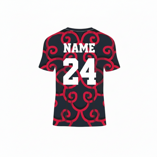 Black red custom esports jersey back side with player name and number