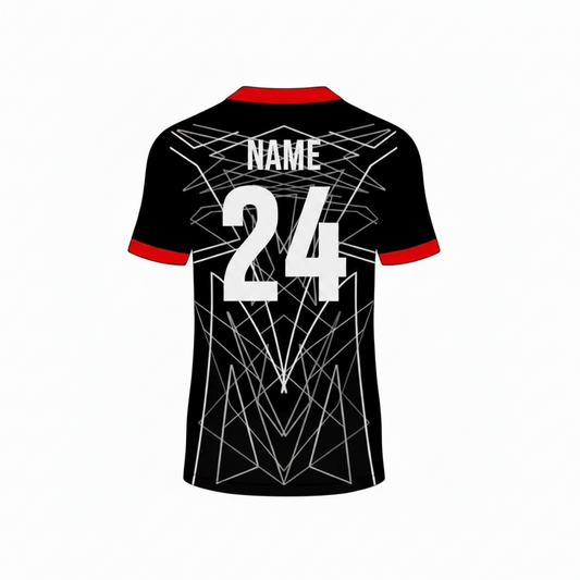 Custom black red geometric white pattern esports jersey front view