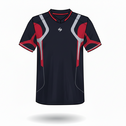 Custom black red grey esports jersey front view with premium gaming design