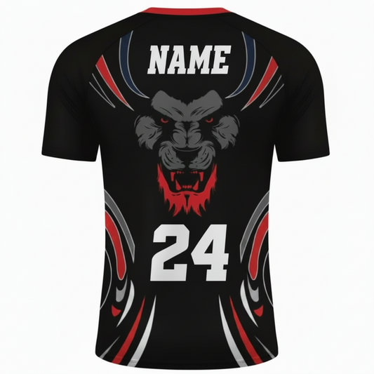 Custom black red lion fury esports jersey back side with personalized gamer name and number
