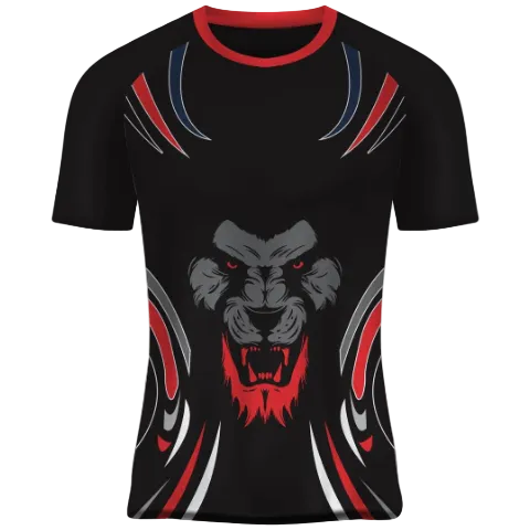 Custom black red lion fury esports jersey front view with premium gaming design