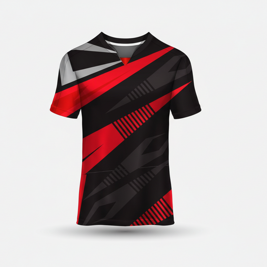 Custom black red shadow esports jersey front view with premium gaming design