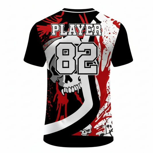 Custom black red skull reaper esports jersey back side with personalized gamer name and number