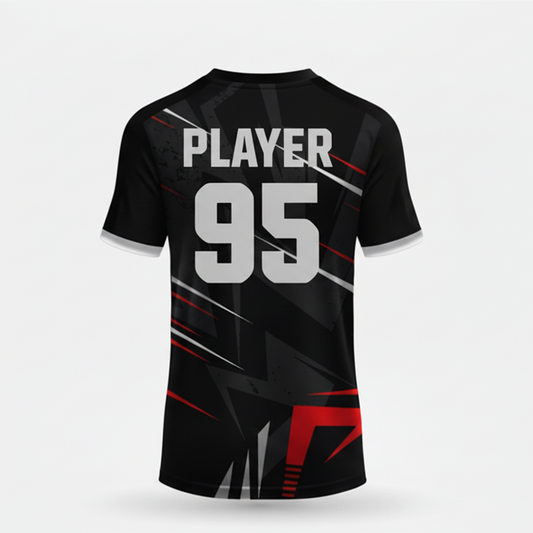 Custom black red white esports jersey back side with personalized gamer name and number