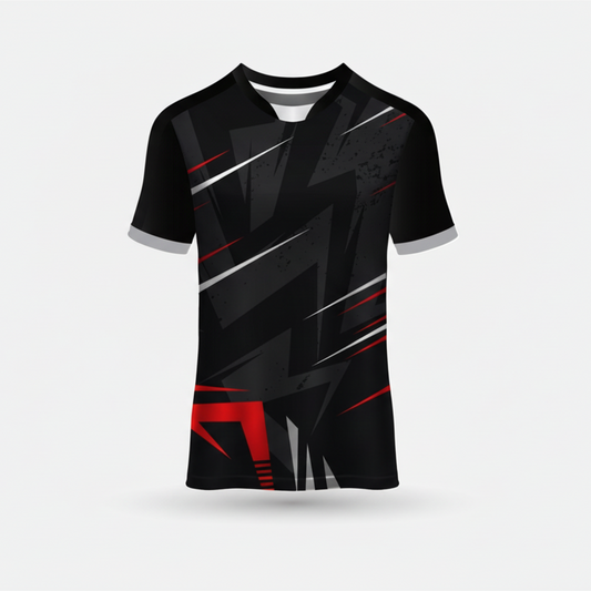 Custom black red white geometric esports jersey front view with premium gaming design