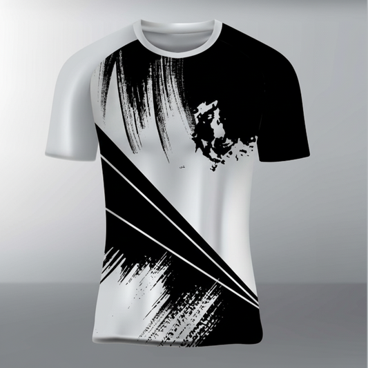 Custom black white abstract esports jersey front view with premium gaming design