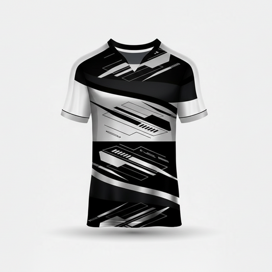 Custom black white geometric esports jersey front view with premium gaming design