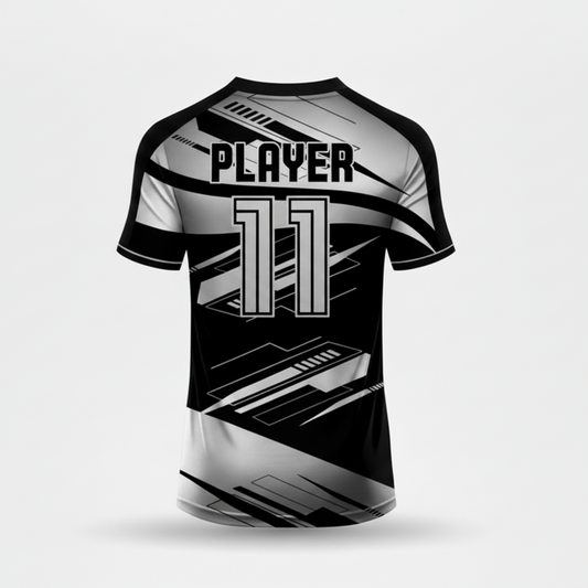 Custom black white geometric patterned esports jersey back side with personalized gamer name and number