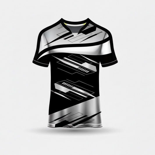 Custom black white geometric patterned esports jersey front view with premium gaming design