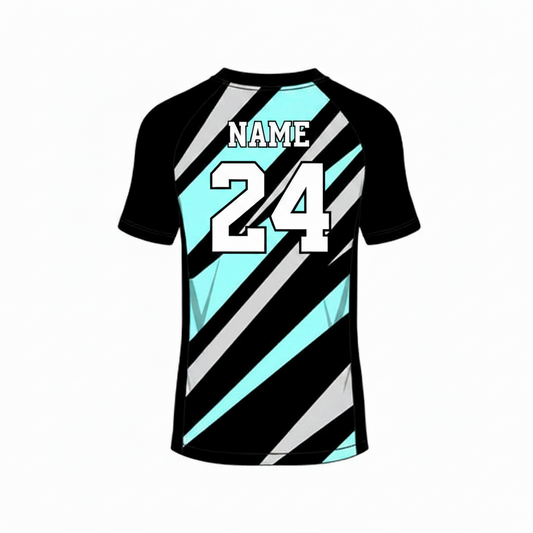 Black white light blue custom esports jersey back side with player name and number