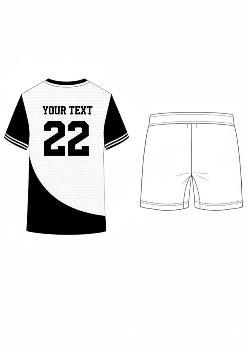 Custom black and white sports jersey with shorts set for cricket and football team uniform India back view minimal design