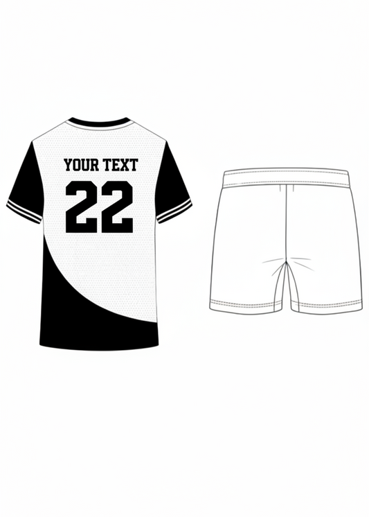 Custom black and white sports jersey with shorts set for cricket and football team uniform India back view minimal design