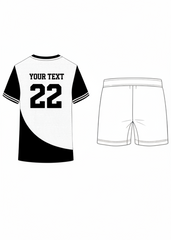 Custom black and white sports jersey with shorts set for cricket and football team uniform India back view minimal design