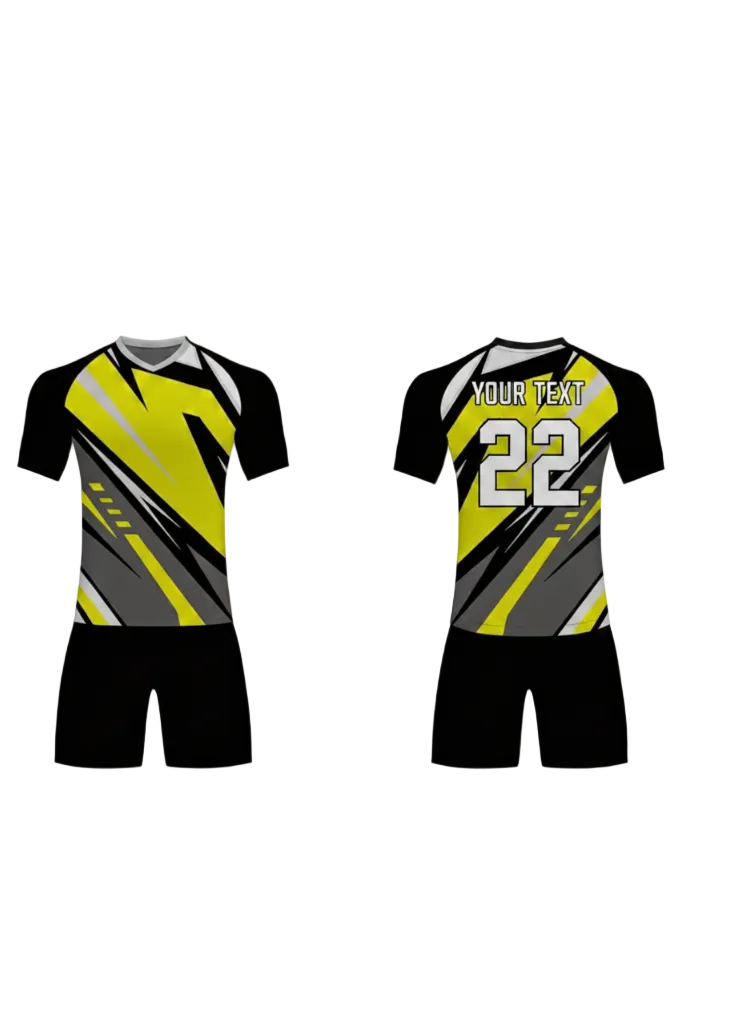 Custom black and yellow abstract design sports jersey with matching shorts, back side printed with name "Your Text" and number 22, breathable team uniform, NextPrint India