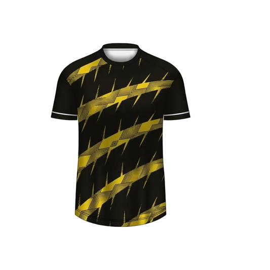 Custom black yellow geometric esports jersey front view with premium gaming design