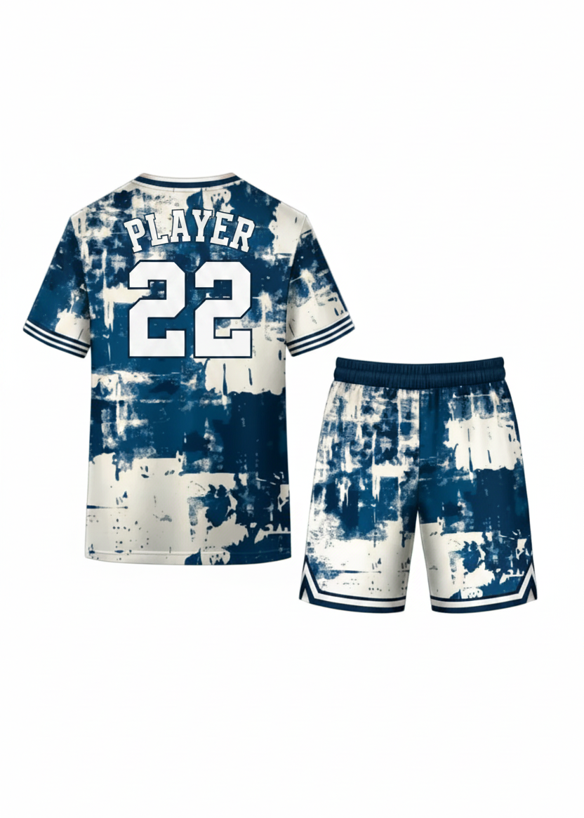 Custom blue abstract jersey and shorts set with matching design, ideal for sports teams and personalized uniforms