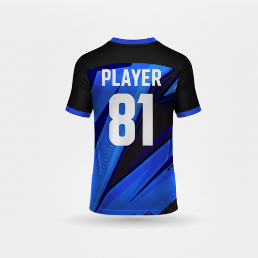 Custom blue black esports jersey back side with personalized gamer name and number