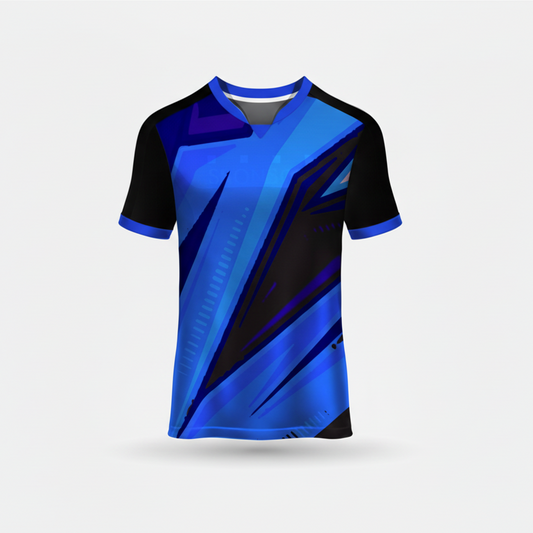 Custom blue black esports jersey front view with premium gaming design