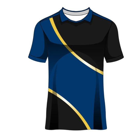 Custom blue black gold accent esports jersey front view