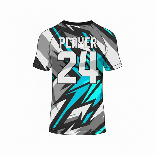 Blue black grey geometric custom esports jersey back side with player name and number