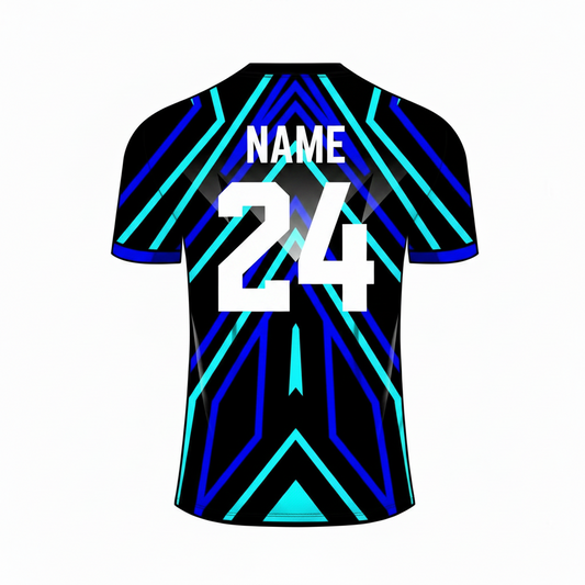 Blue black neon custom esports jersey back side with player name and number