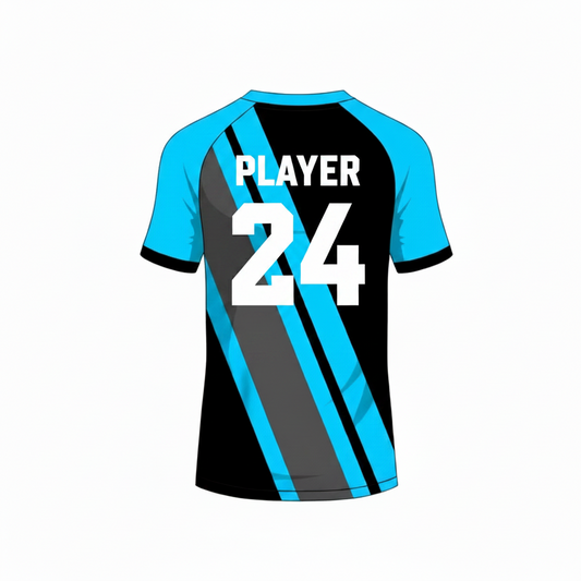 Blue black custom esports jersey back side with player name and number