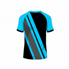 Premium blue black striped esports gaming jersey side angle view