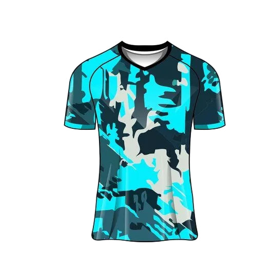 Custom blue black white camo esports jersey front view