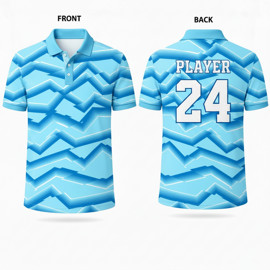 Blue geometric patterned esports polo jersey back view
