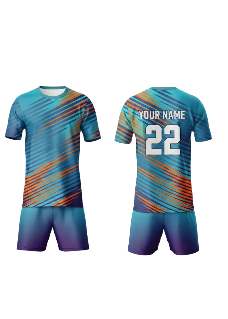 Custom blue and orange striped sports jersey with shorts set for cricket and football team uniform India front and back view