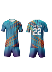 Custom blue and orange striped sports jersey with shorts set for cricket and football team uniform India front and back view