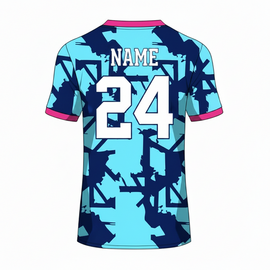 Blue pink pattern custom esports jersey back side with player name and number