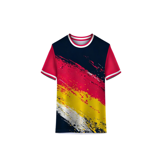 Custom blue red yellow white sports jersey with personalized name and number