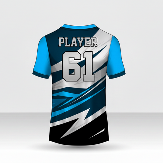 Custom blue white esports jersey back side with personalized gamer name and number
