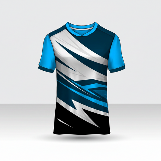 Custom blue white esports jersey front view with premium gaming design