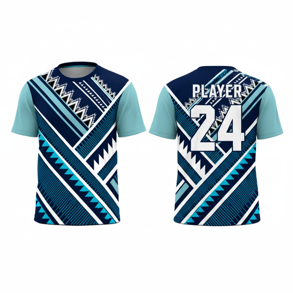 Blue white patterned esports jersey back view