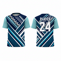 Blue white patterned esports jersey back view