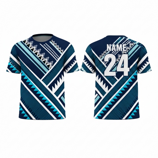 Blue white tribal pattern esports jersey back view