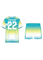 Custom blue and yellow gradient sports jersey with matching shorts, lightweight breathable teamwear set, NextPrint India