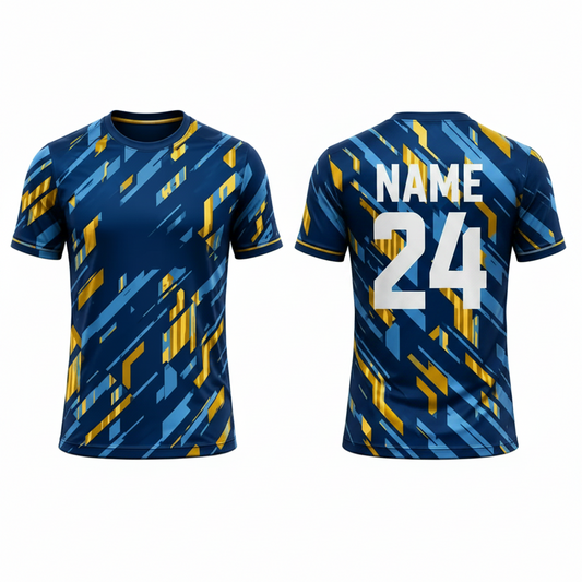 Blue yellow patterned esports jersey back view
