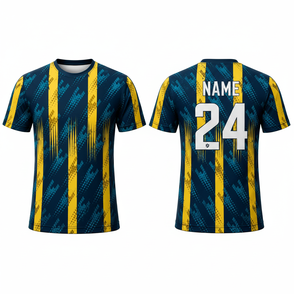Blue yellow victory stripes esports jersey back view