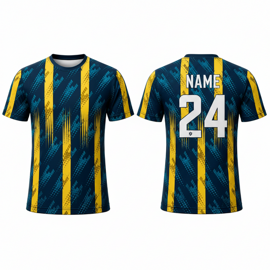 Blue yellow victory stripes esports jersey back view