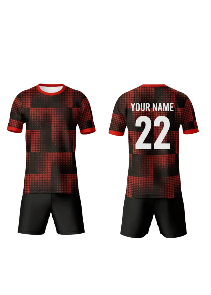 Black and red custom sports jersey with matching shorts for cricket, football and team uniform sublimation printing front and back view.
